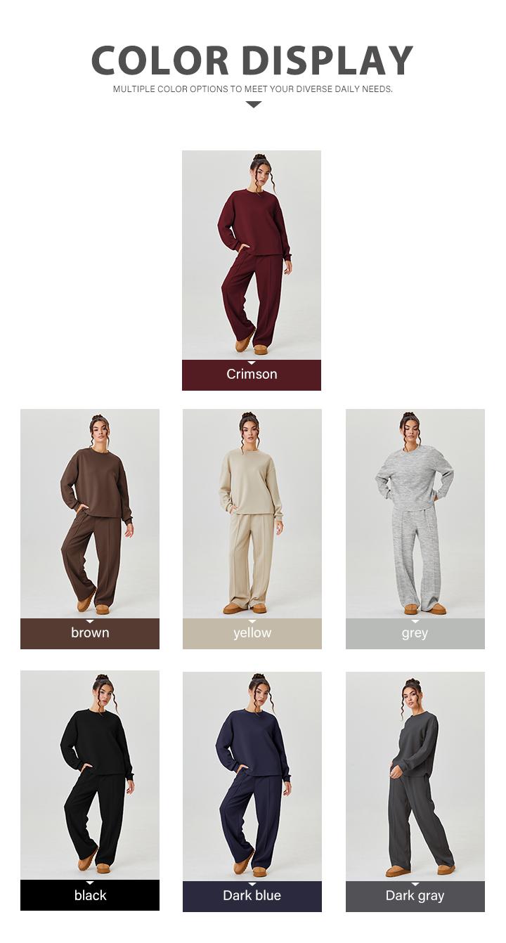 KatchMe Women's Casual Solid Color Loose Long Sleeve Top & Exposed Stitches Trousers Co-ord, Lightweight Round Neck Top & Wide Leg Trousers Two Piece Outfits KatchMe Women's Casual Solid Color Loose Long Sleeve Top & Exposed Stitches Trousers Co-ord, Lightweight Round Neck Top & Wide Leg Trousers Two Piece Outfits