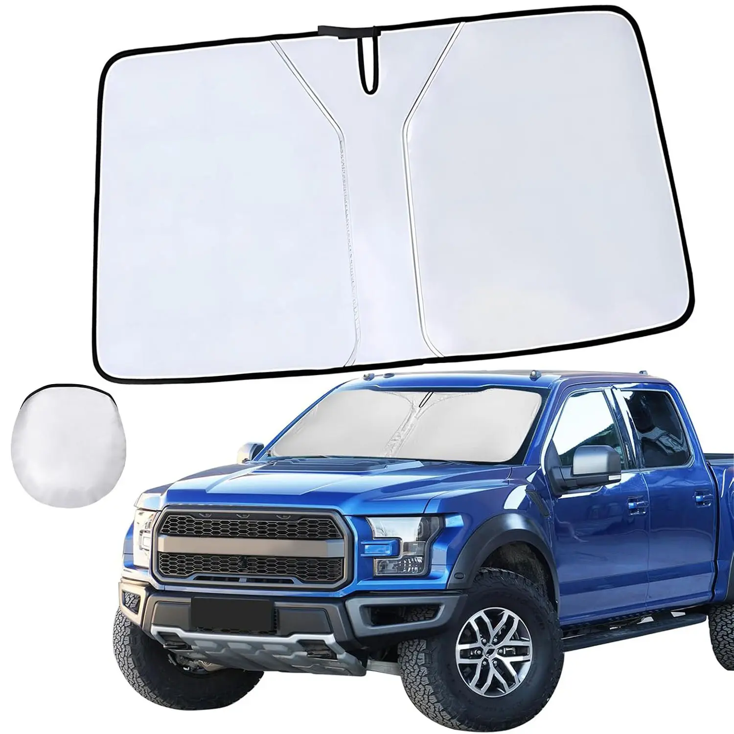 Fit For Ford F150/F250/F350 Thickened Automotive Glass Windshield Sunshade with Storage Pouch | Reflective 240T Material Sun Shield for UV & Heat Protection | Foldable Windshield Cover |Must-Have Truck Accessories | Large (63"x34")