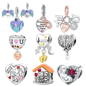 Family & Mom Themed Silver Charm Collection, Enamel & Accents, Mom/Family/Home/Angel Designs, Two-Tone Rose Gold, Suitable for Bracelets and Necklaces, Jewelry Gift for Women, Family Jewelry & Mother’s Day Gifts, Silver
