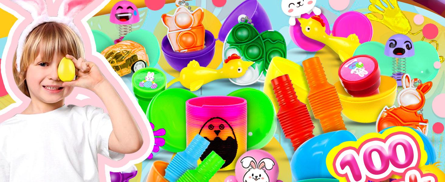 100Pack Prefilled Eggs with Toys Inside for Filling Specific Treats, Easter Theme Party Favor, Basket Stuffers, Classroom Prize Egg Supplies Toy for Kids