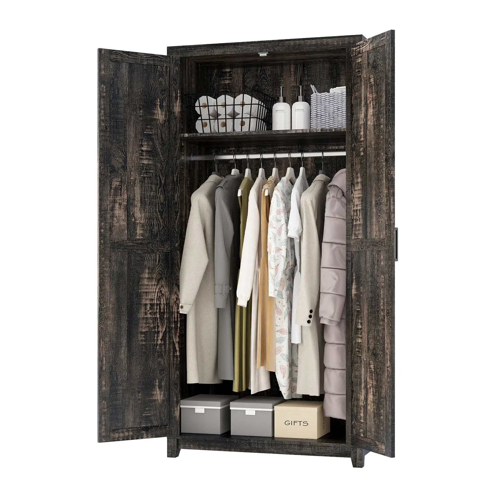 AMERLIFE 71" Farmhouse Armoire Wardrobe Closet with 2 Barn Doors, Storage Cabinet with Hanging Rod & Shelf, Versatile Clothing Storage