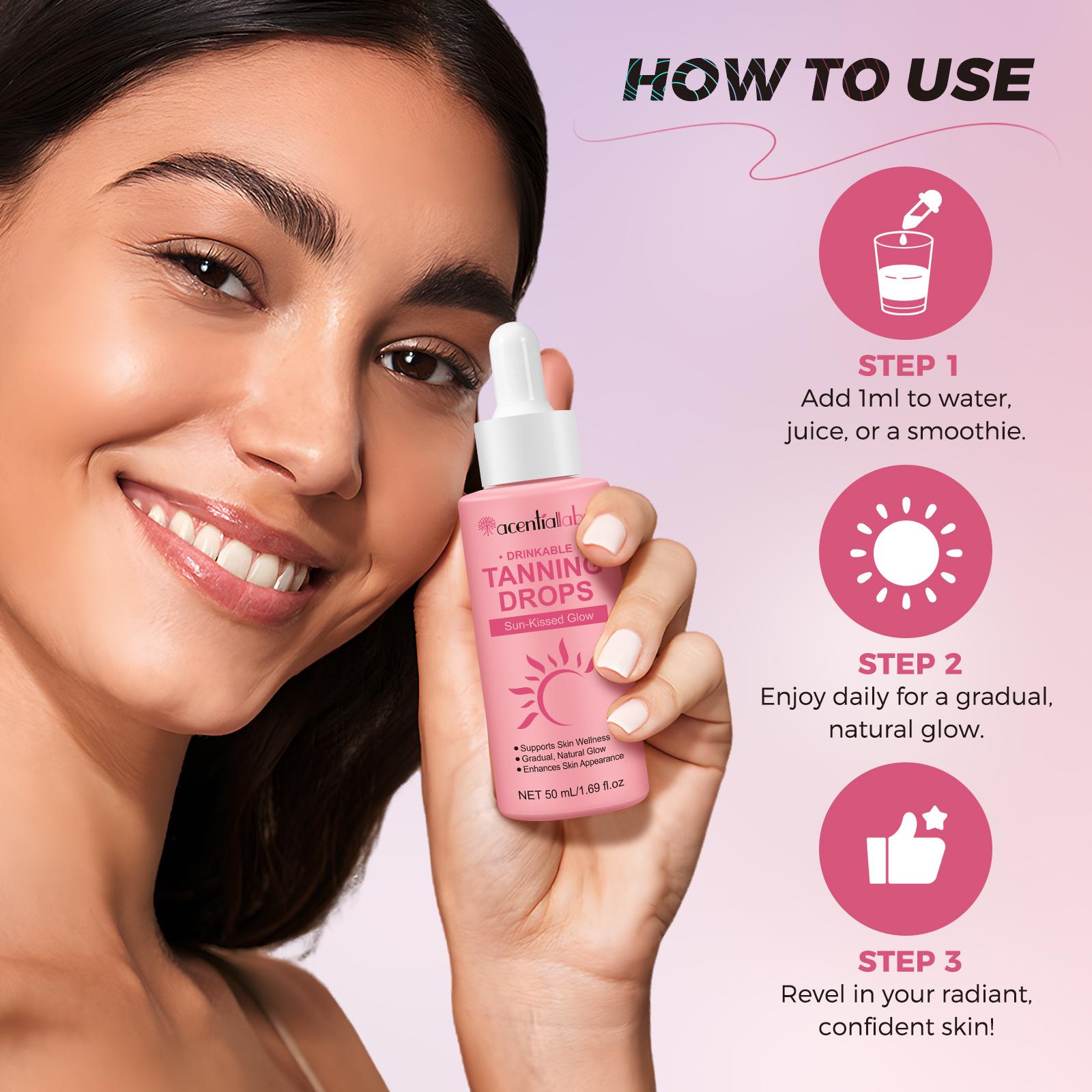 acentiallabs tanning drinkable drops for Face&Body -Melanin Boosting,Natural Glow,UV-Free,No Sun Damage Moisturizer