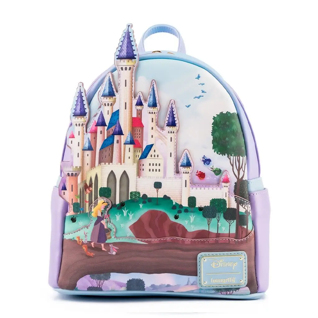 Loungefly Disney Princess Sleeping Beauty Castle Series Faux Leather Mini Backpack with Embroidery & Printed Details for Everyday Carry, Princess Castle, Collectibles, Adjustable Shoulder Strap, Female, Embroidered, Casual, Back & Front Art, Basic, Adjust