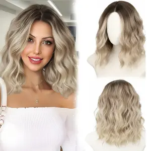 Short bob wig with gradient highlights in light gold, 14-inch shoulder-length wavy wig with short curls