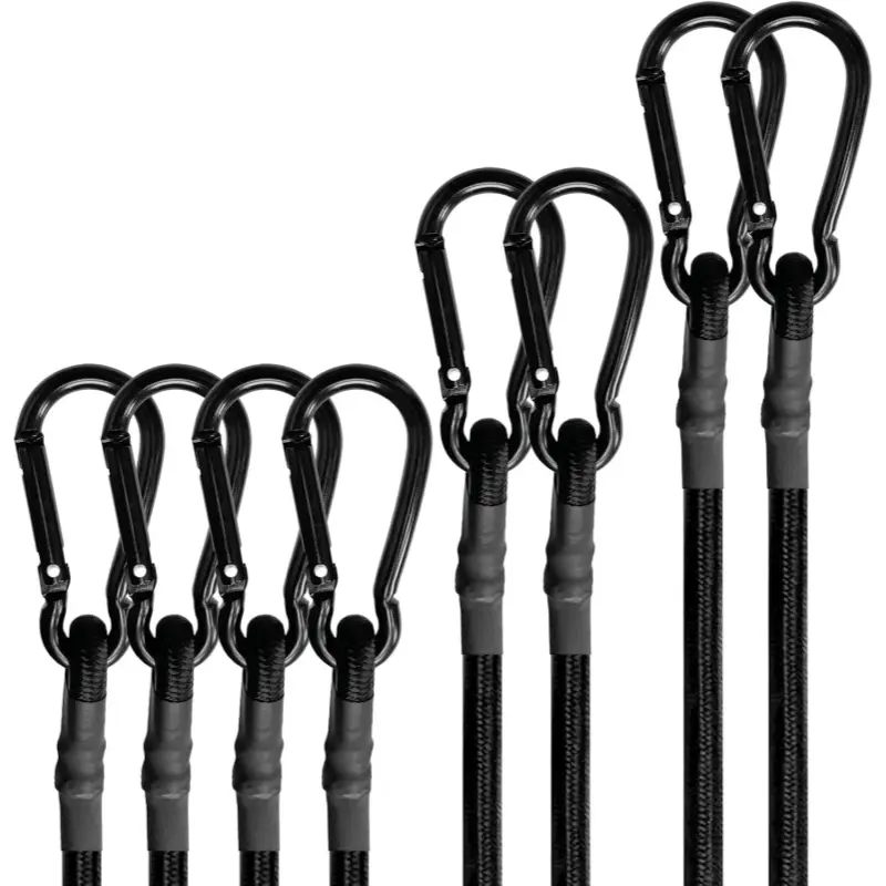 Bungee Cords with Carabiner Hooks Heavy Duty, Outdoor Black Bungee Straps, Strong Industrial Grade Elastic Bungee Rope for Securing Tarps, Luggage, Tents， 24in, 8pcs