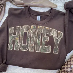 [Sale up to 70%] Retro Camo Western Sweatshirt, Honey Retro Camo Country Distressed Cowboy Quote, Camouflage Shirt, Western Concert Sweatshirt, Southern Shirt