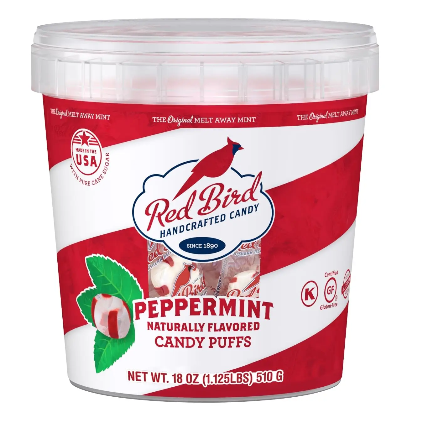 Red Bird Soft Texture Chewy Peppermint Puffs Candy Bites, Gluten-Free Nostalgic All Ages Treats, Individual Wrap 18 oz Tub, Festive Party Snacks & Holiday Christmas Stocking Stuffer