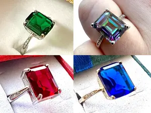 925 Sterling Silver Emerald Cut Birthstone Ring for Women Emerald Sapphire Ruby Mystic Topaz