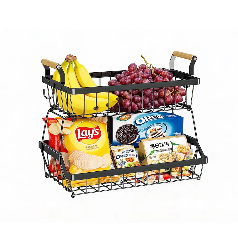 Metal Wire Stackable 2-3 Tier Detachable Storage Basket - Kitchen Organization, Small Kitchen Organization Rack for Countertop, Pantry, Large Capacity for Fruits, Snacks, Cosmetics, Stackable Tiers