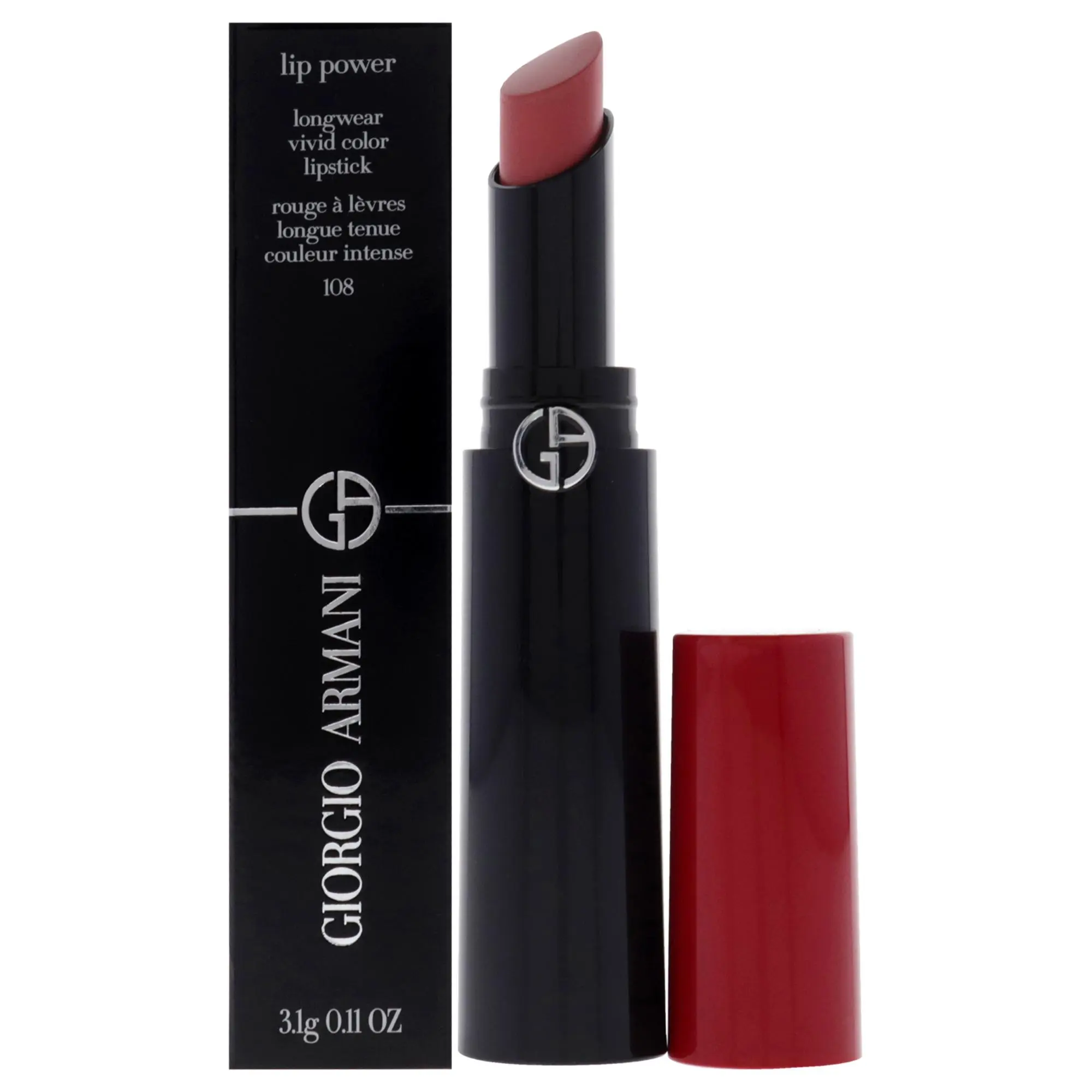 Giorgio Armani Women's Lip Power Longwear Vivid Color Cosmetic Makeup Lipstick - 108 In Love, Lasting High Pigmentation, Compact 0.11 oz