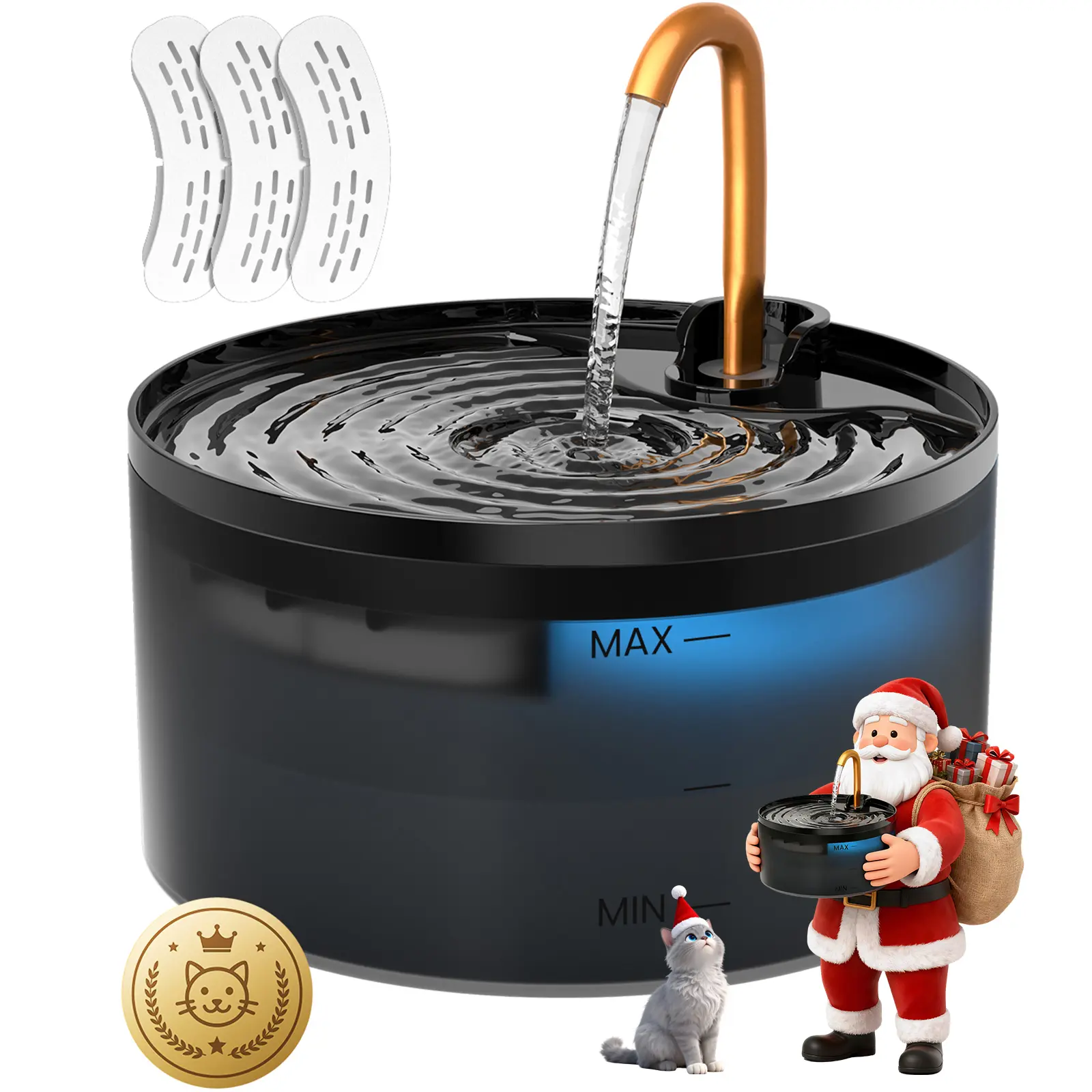 MISFANS Silent Cat Water Fountain 2.1L B13 Pet Water Fountain Ultra-Quiet Copper Spout Night Light 6-Layer Filter Soft Blue LED Automatic Gravity Feeder