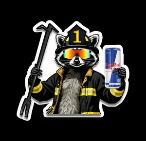 Firefighter Trash Panda Raccoon with redbull  Includes two 2.5" Stickers