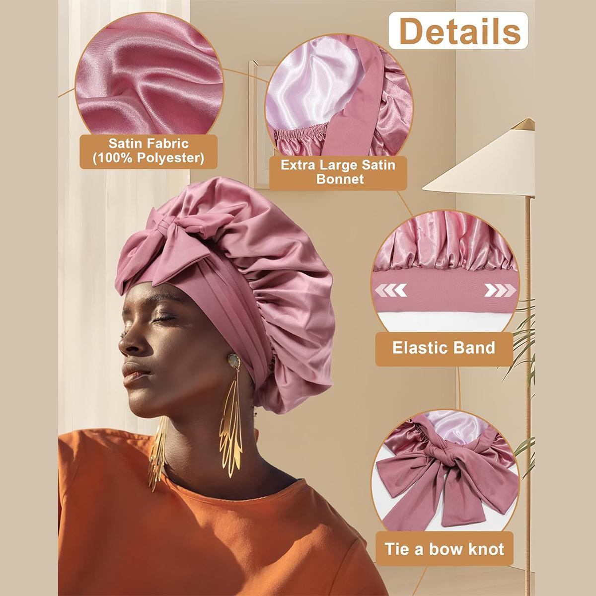 Large Double Layer Solid Satin Bonnets Silk Like Texture for Sleeping Cap with Elastic Band Reversible for Curly Hair Bonnets Gifts for Women