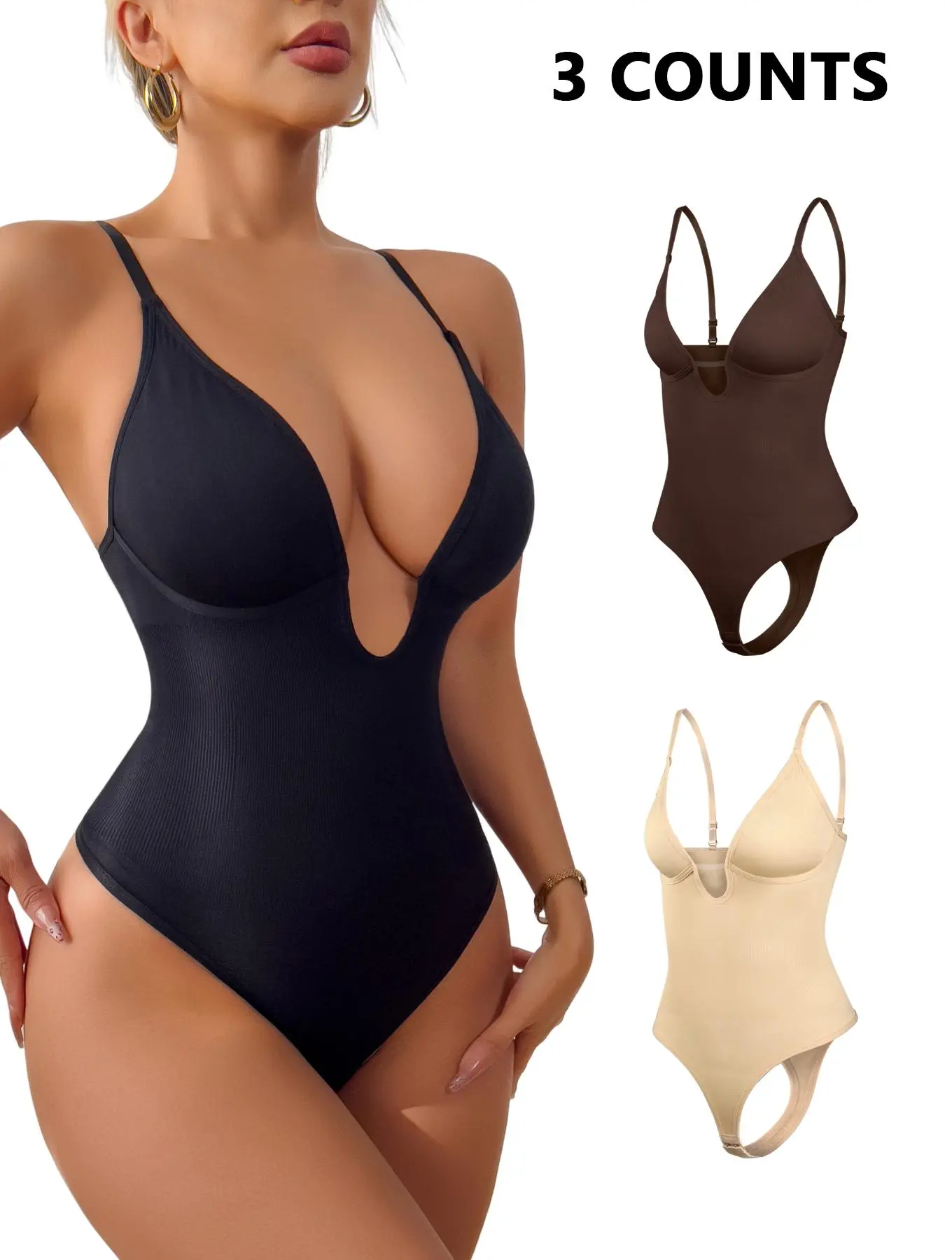 Women's Sexy V-Neck Backless Seamless Faja Shapewear Bodysuit, Solid Color High Stretch Shaper for Daily Wear, Tummy Control & Push-Up & Abdominal Control, Compression Underwear, Body Shaping Bodysuit