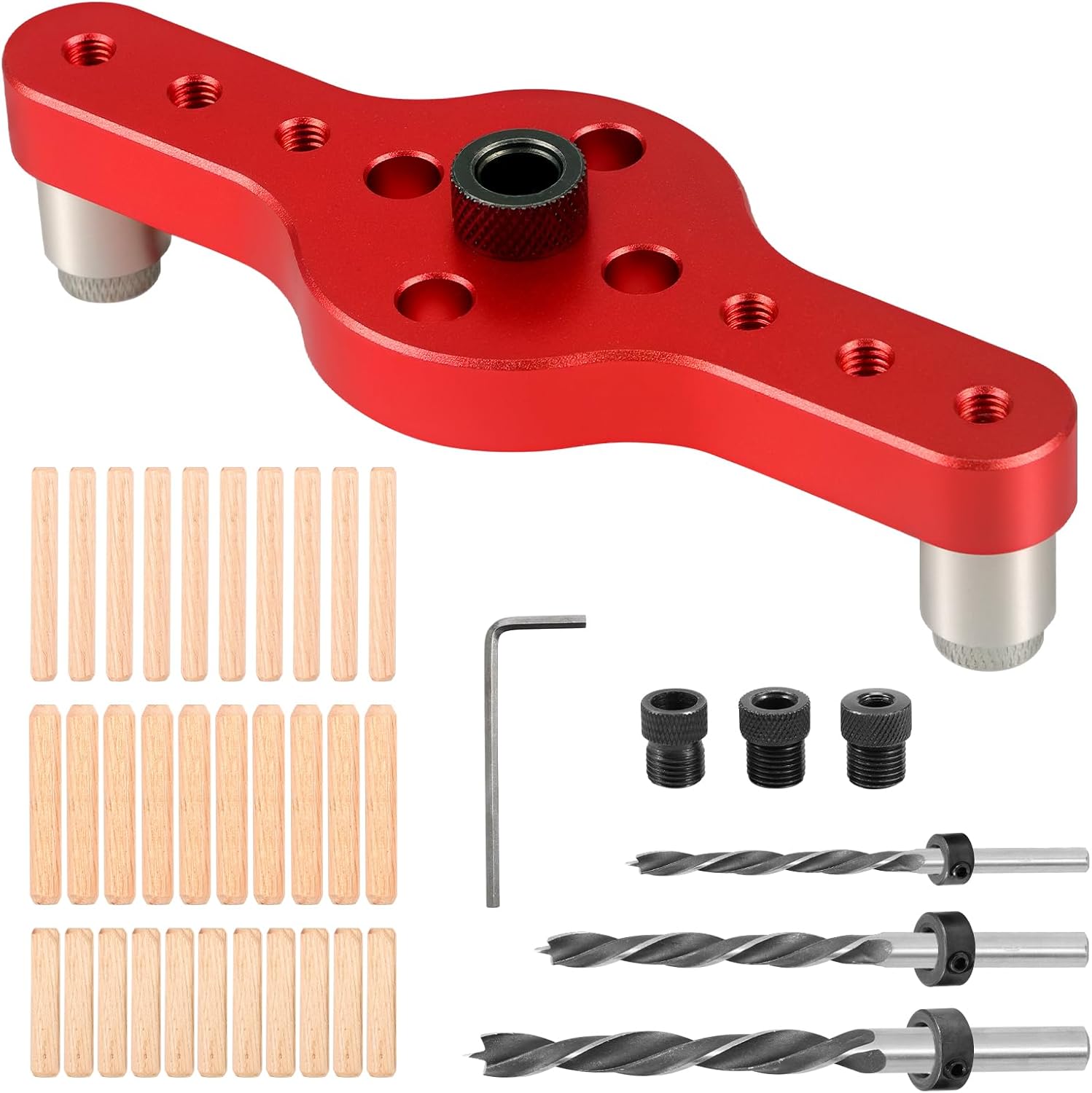 Votrek Dowel Jig Kit Self Centering Dowel Jig Kit Aluminum Alloy Vertical Hole Drilling Jig Precise Woodworking Doweling Jig with 6mm 8mm 10mm Bit Guides for Woodworking QUZHEMA_US(gules)
