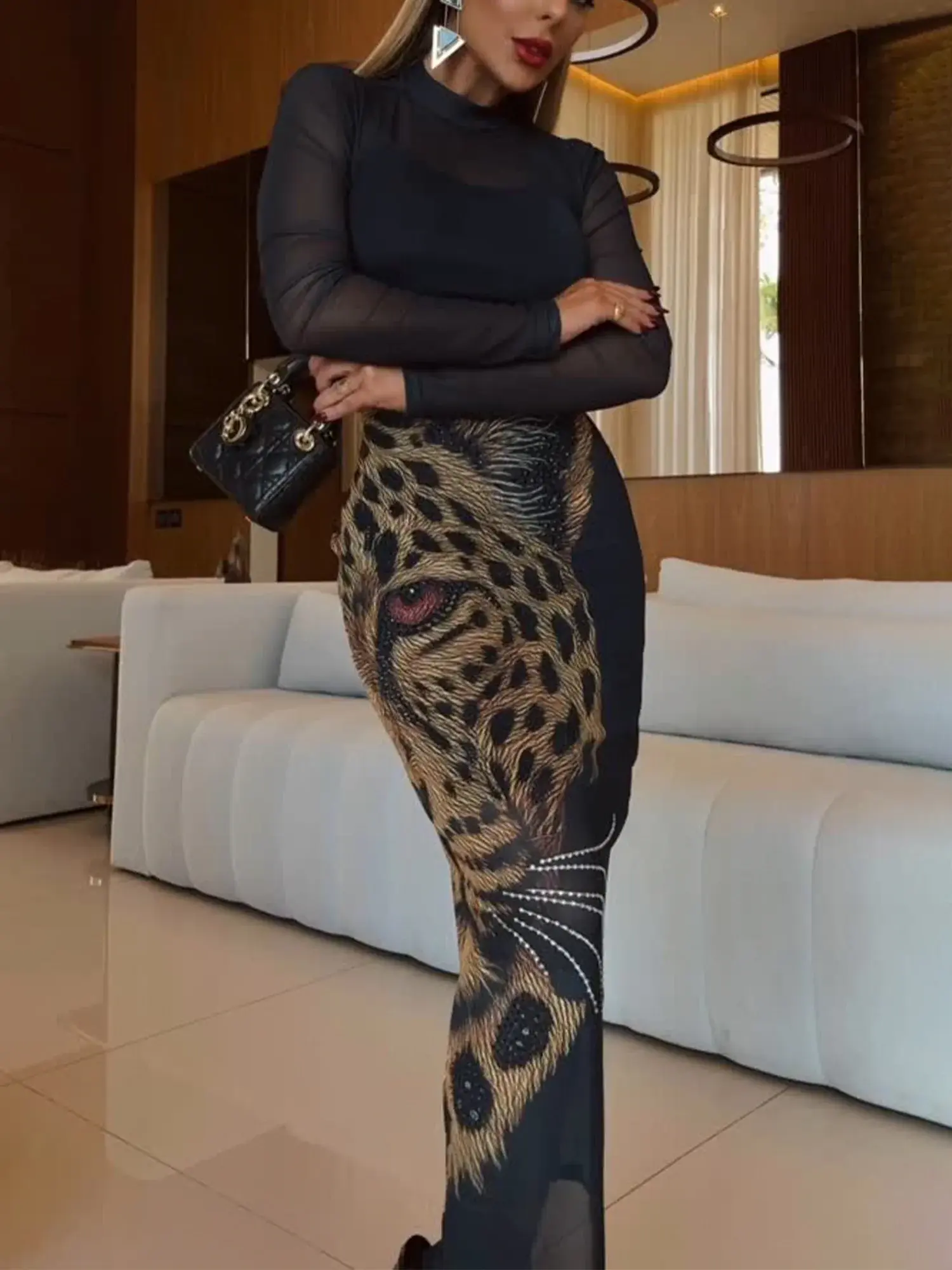 Elegant leopard Printing Stand Collar Maxi Dress Casual Fit