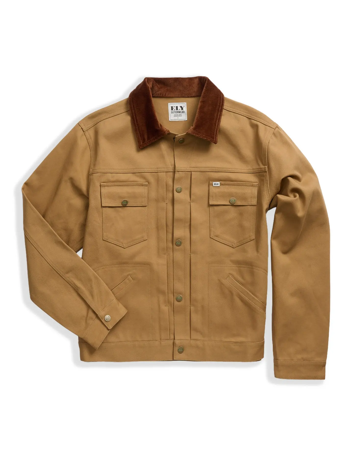 Men's Ely Cattleman Vintage Reissue 14oz Cotton Twill Trucker Jacket - Brown Corduroy Collar, Cropped, Casual, Pockets | Menswear, Tops, Long Sleeve, Male Clothing, Western Clothing