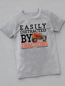 Boys' "Easily Distracted by Tractors" Tractor Print Short Sleeve Shirt - Farm Vehicle Outfits for Tractor, Playdates & Summer Outdoor Wear - Machine Washable ' Top 4-12 Years (Age 4-12)