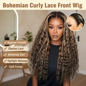 {New Trendy}Megalook Highlight Balayage Bohemian Curl Wig 13x6 Glueless Lace Frontal Human Hair Pre-everything Put On Go Beginner Friendly