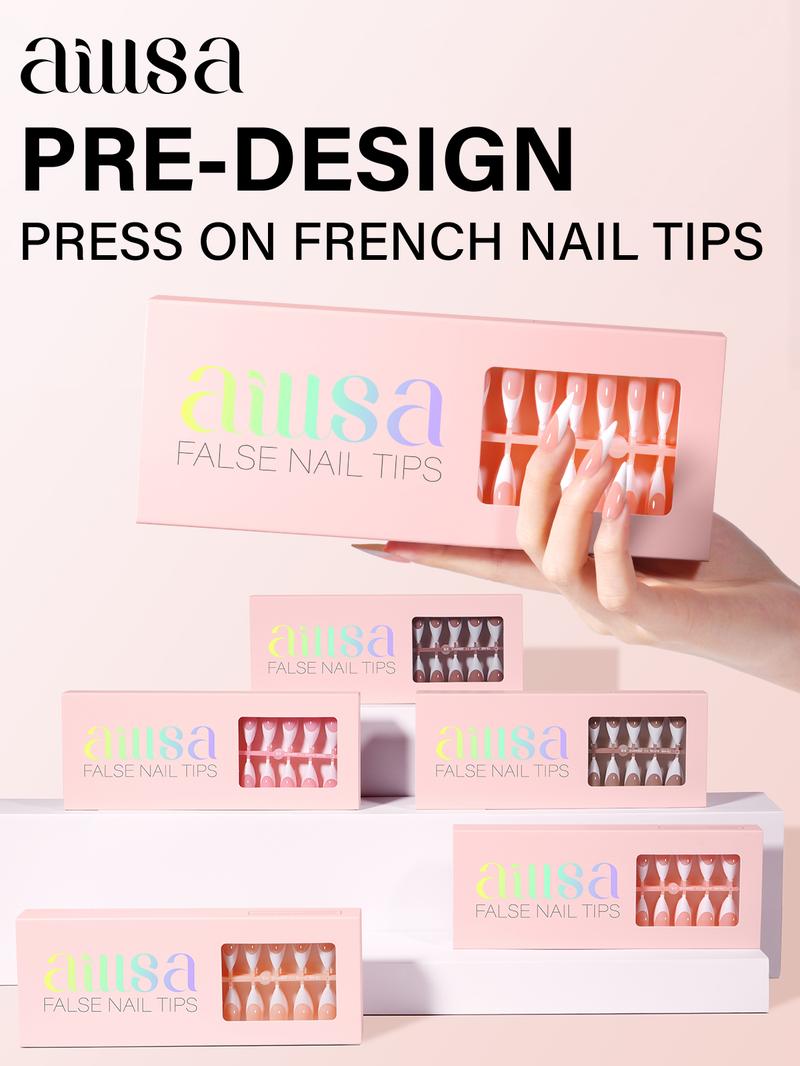Aillsa Long Stiletto French Tip Press on Nails- 180pcs Full Cover Soft Gel Nail Tips 15 sizes Acrylic Fake Nails reusable fake nail French Style Press-on Nail set press nail dealsforyoudays