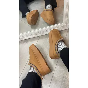 CHESTNUT FLUFFY PLATFORM SLIPPERS FAUX FUR LINED ANKLE BOOTS