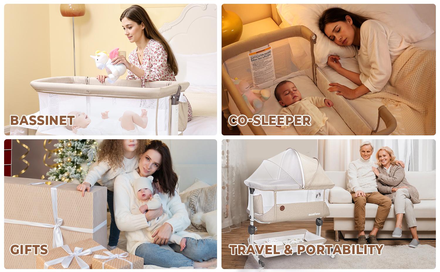 Momfann Baby Bassinet Bedside Sleeper, Upgraded Stability Bedside Crib with Full Mesh Sides, Soft Sheet, 6-Height Adjustment, Storage Basket, Easy Folding Portable Bassinet for Newborns, Oatmeal