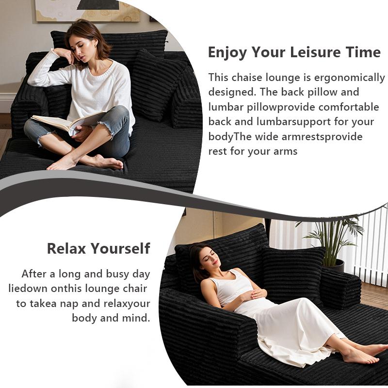 Oversized Boneless Chaise Lounge Upholstered Sofa Bed with Throw Pillows and Armrests Indoor Sleeper Chair Luxurious Plush Corduroy Chair Bed for Living Room No Assembly Required Black Color