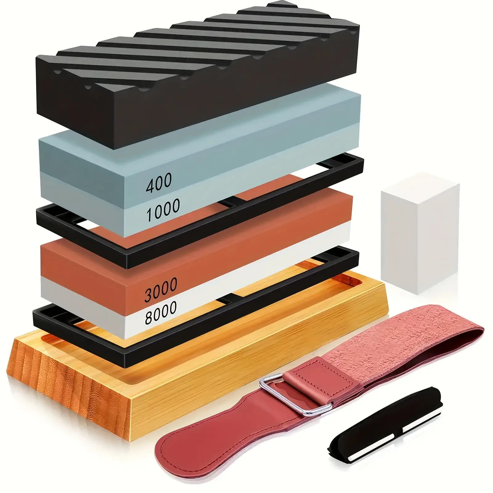 Professional Knife Sharpening Stone Multi-Grit Set - 4 Grit Wet Stones (400/1000/3000/8000 Fine Finish) Whetstone Sharpener with Bamboo Base, Angle Guide, Sandpaper | Premium Kitchen Gadget for Home Chefs