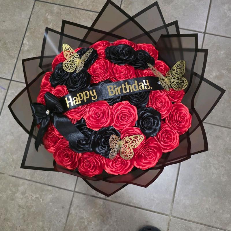 Eternal Roses Bouquet with Red & Black Roses Gold Butterflies and 'Happy Birthday' Ribbon for Special Occasions