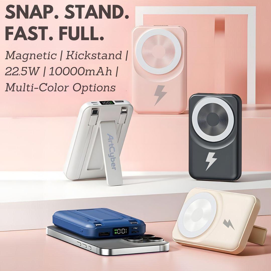 ARTCYBER Foldable Magnetic 10000mAh Power Bank with Hidden Stand & Built-In Dual Cables, Supports Charging Up to 5 Devices, Up to 22.5W Wired & 15W Wireless Output (Actual Speed May Vary), LED Display, Compatible with iOS & Android