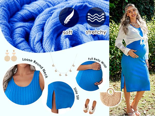 Ekouaer Women's Maternity Dress Rib Knit Sleeveless Tank Side Slit Bodycon Dresses Pregnancy Clothes S-XXL