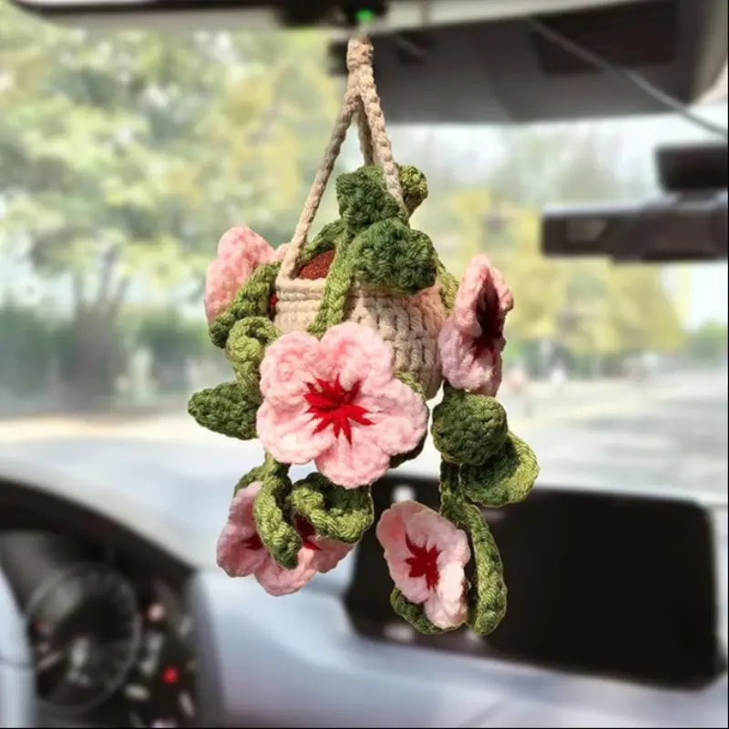 Handmade Crochet Flower Car Hanging Ornament, Cute Car Rearview Mirror Hanging Decoration, Car Interior Decoration Accessories, Car Interior Ornaments for Women & Men, Car Trinkets, Car Decorations