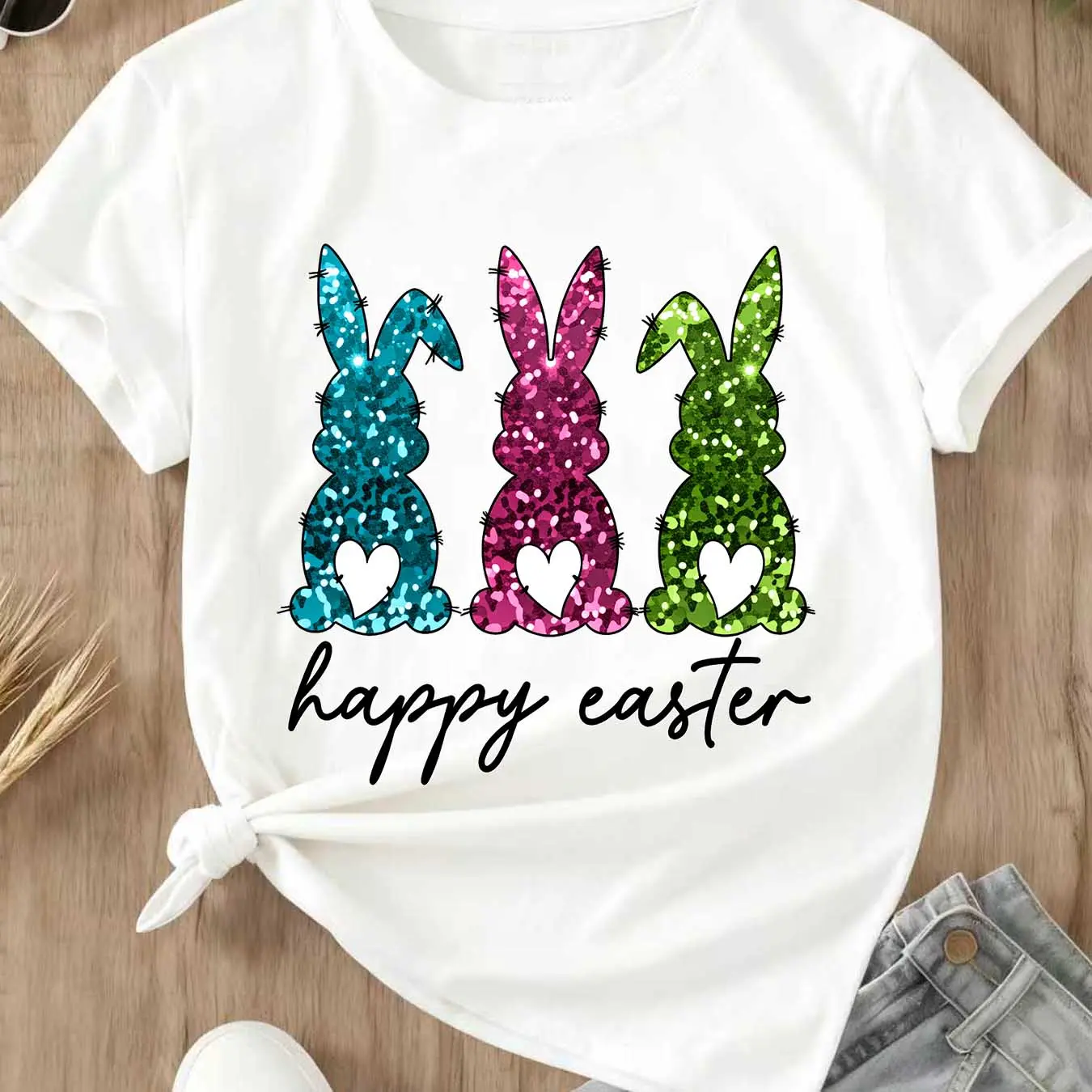 Women Casual Round Neck T-Shirt White Three Color Glitter Bunny Happy Easter Print For Spring Festival Celebration