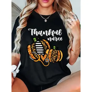 100% Cotton Pumpkin Thankful Nurse Thanksgiving Scrub Top Fall Women RN T-Shirt