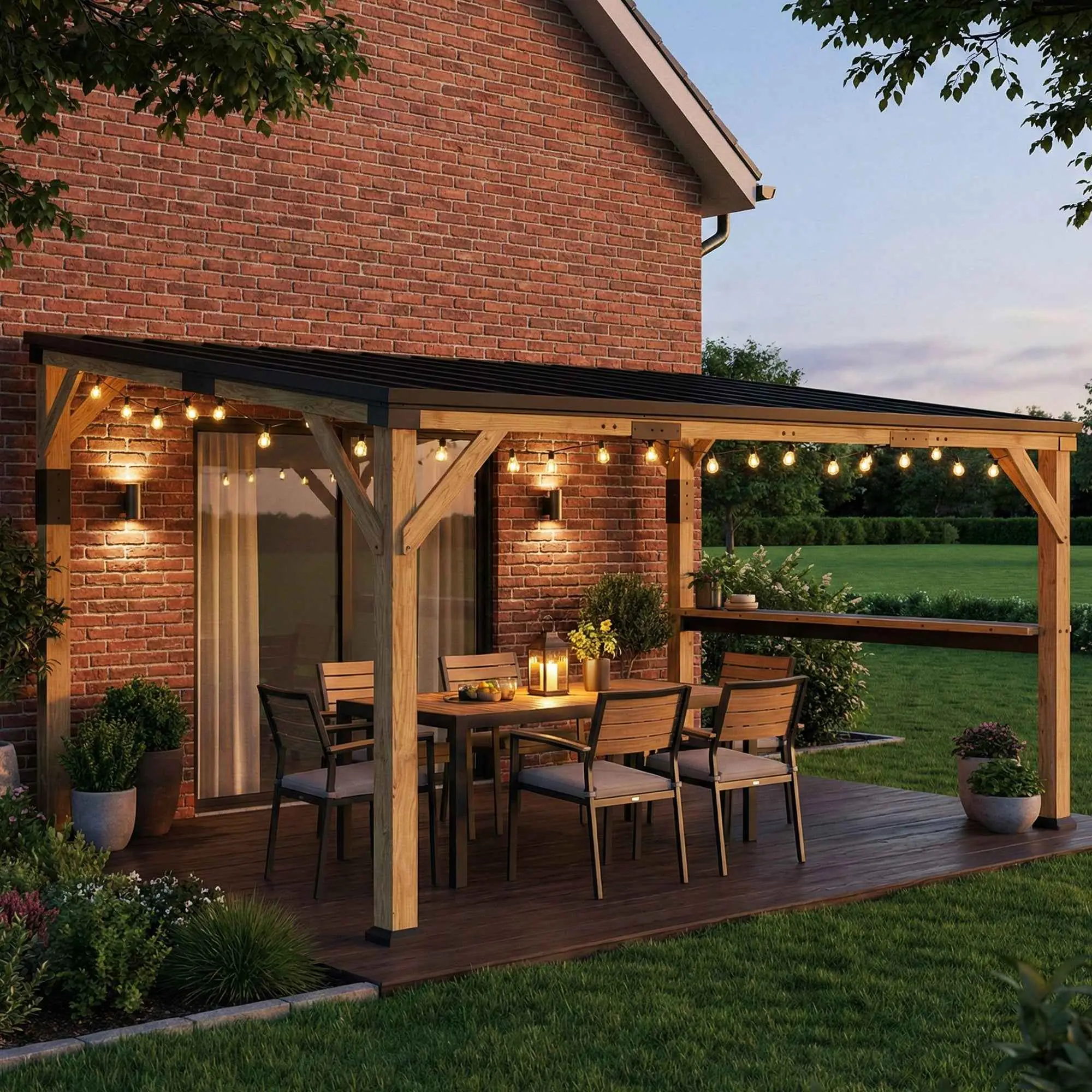 10x14 Rectangular Gazebo Shelter - Stylish Wood Frame Lean-To Pergola with Steel Roof, Bar Shelf