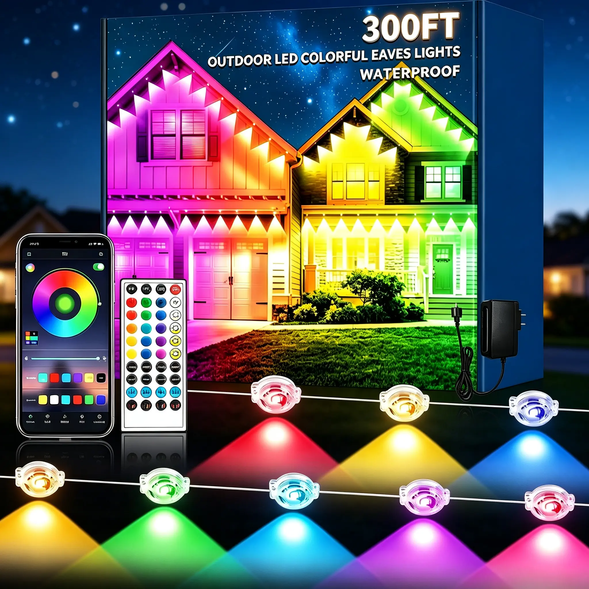 Permanent Outdoor Eaves Lights 300FT (2 Rolls) RGB LED Point Lights, IP67 Waterproof Smart App & Remote Control House Roof Permanent Holiday Lights for Villa Patio Halloween Christmas Year-Round Decor