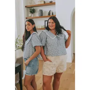 Women's Chic Gingham Short-Sleeve French Cafe Top - Inclusive Sizing, Premium Fabric, Feminine Lace, Eyelet Details