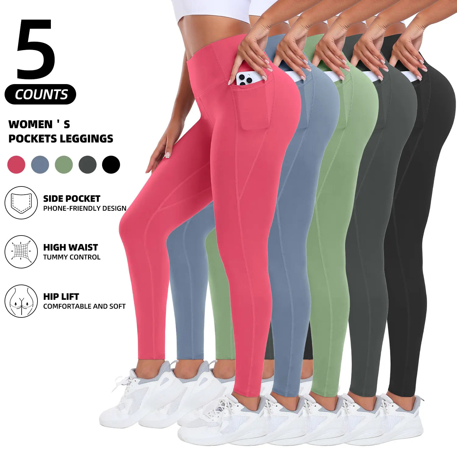 5-Pack Women’s High Waist Leggings with Side Pockets, Ultra Soft Stretch Yoga Pants for Workout, Running & Daily Wear Womenswear Basic Gym Fitness Sportswear Athletic Stretchable Athletic Bottoms Athleisure Gym Clothes