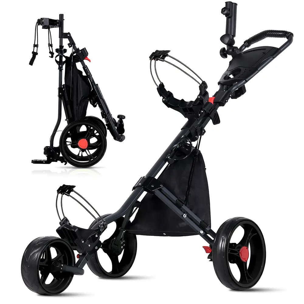 HOWTRUE Deluxe Aluminum 3-Wheel Foldable Golf Cart - 1-Click Folding, Compact Trunk-Fit Design, Included Cooler Bag