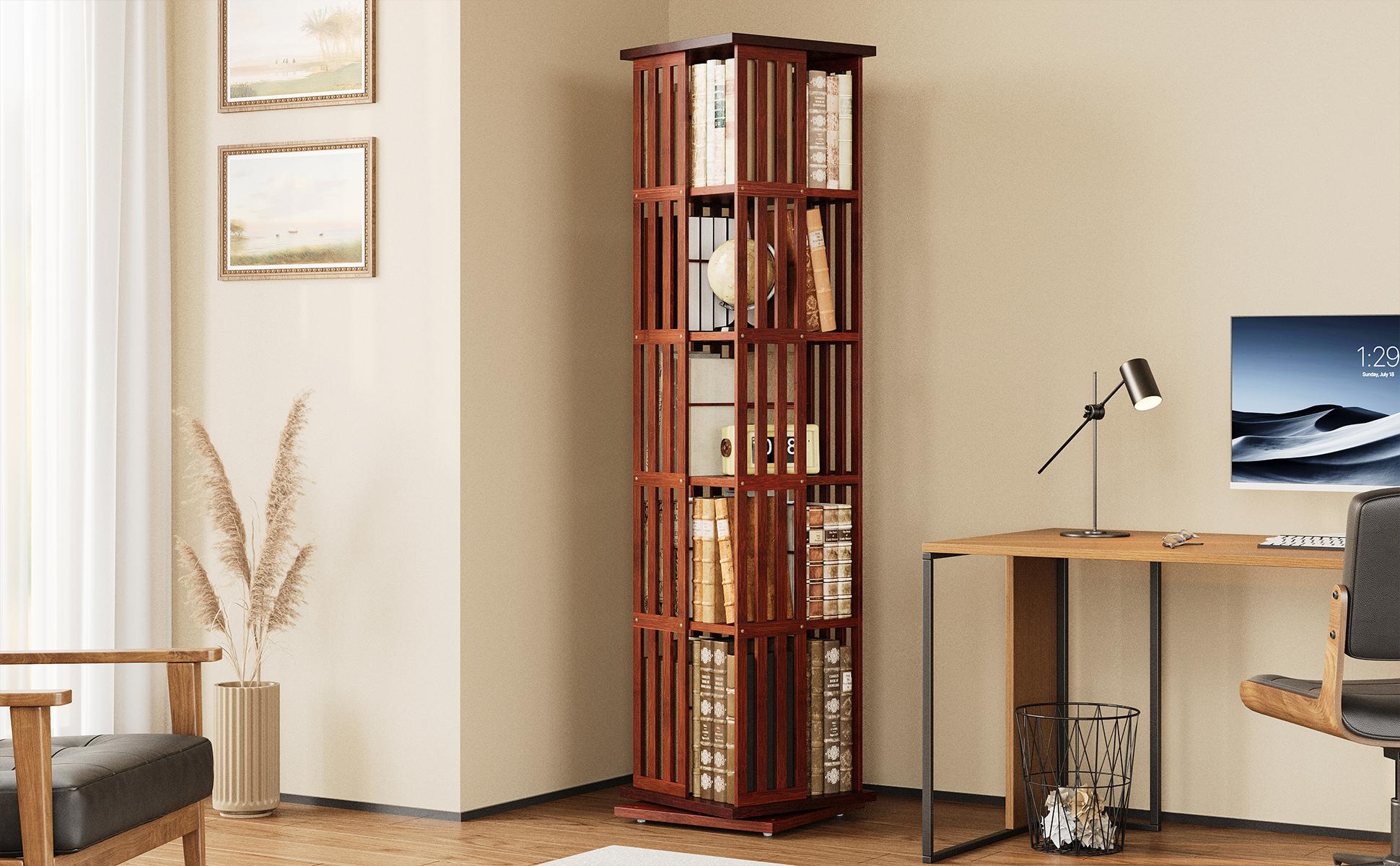 IRONCK 360° Rotating Bookshelf Tower, 5-Tier Spinning Display Storage Shelves 60 in Tall Bamboo Bookcase for Office, Living Room, Bedroom