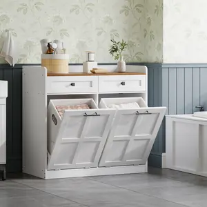 HOOBRO Double Tilt Out Laundry Hamper Cabinet, 25 Gallon Farmhouse Trash Can Cabinet with Drawers, Wooden Hidden Laundry Hamper with Storage Basket for Bathroom, Kitchen, White and Walnut #SpringSale #BigSpringSale