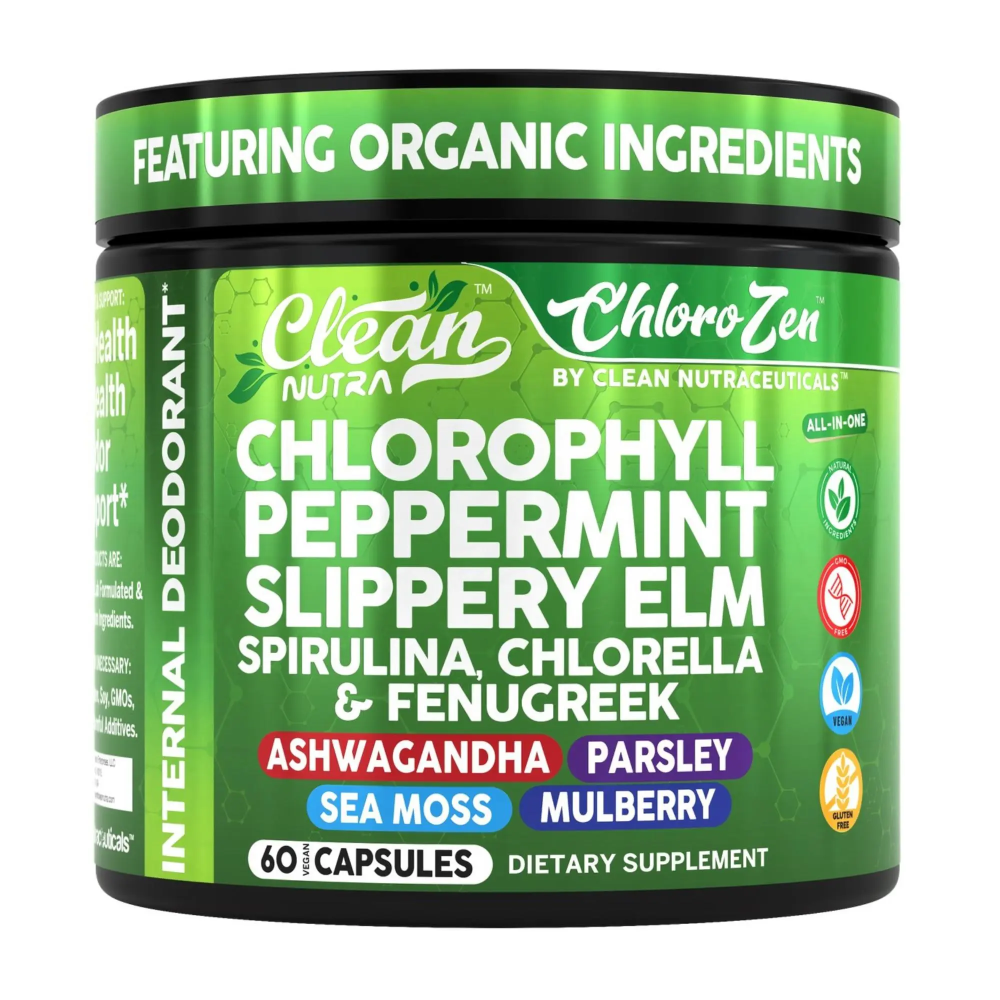 Clean Nutra Chlorophyll Capsules Internal Deodorant Peppermint, Slippery Elm, Spirulina, Chlorella, Fenugreek & More for Odor Control + Gut Cleanse Capsules – ChloroZen