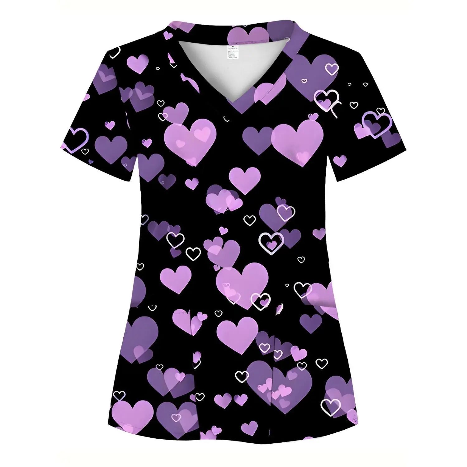 Valentine's Day Heart Pattern Women's Scrub Top - Black & Purple, Soft & Breathable with Two Pockets, Ideal for Healthcare Professionals in Hospitals, Dental Clinics, and Salons
