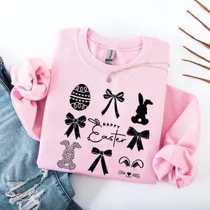 Happy Easter Sweatshirt, Cute Bunny Easter Pullover, Spring Graphic Sweater, Pastel Easter Shirt for Women, Cozy Holiday Top, Easter Gift for Her - HARSIN