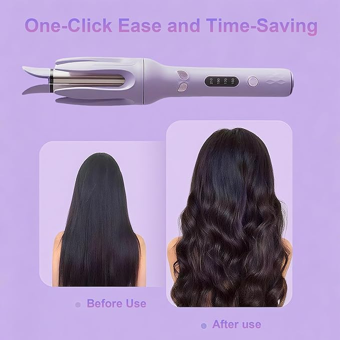 Professional Automatic Hair Curler - Portable Curler with 4 Temperature Settings, Adjustable Ceramic Rotating Wand, Negative Ion Tech, 110V-240V, Smooth Beauty Products (Pink/Purple), Curly Hair