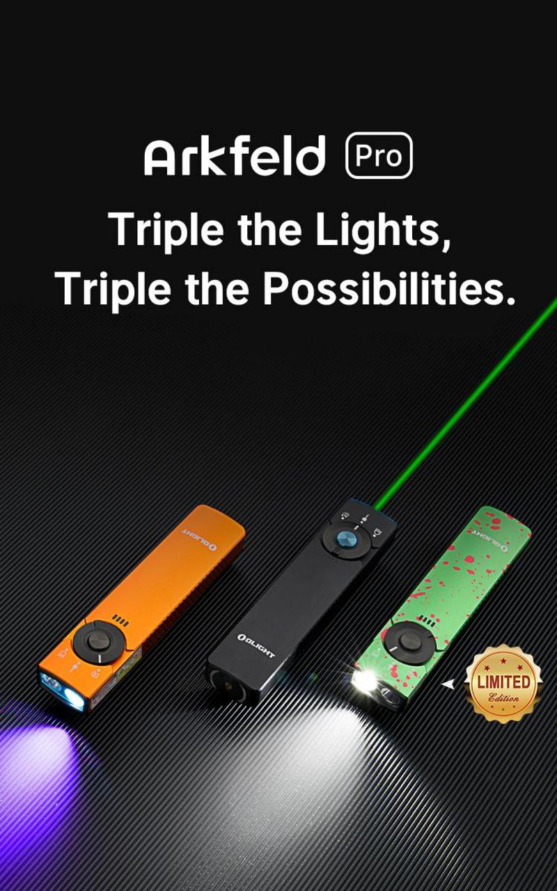 OLIGHT Arkfeld Pro Rechargeable EDC Flashlight with Green Beam, UV Light and White LED Combo, 1300 Lumens Pocket Lights