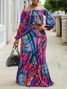 Plus Size Off-the-Shoulder Two-Piece Maxi Skirt Set - Vibrant Abstract Print Spring Summer Vacation & Brunch Outfit