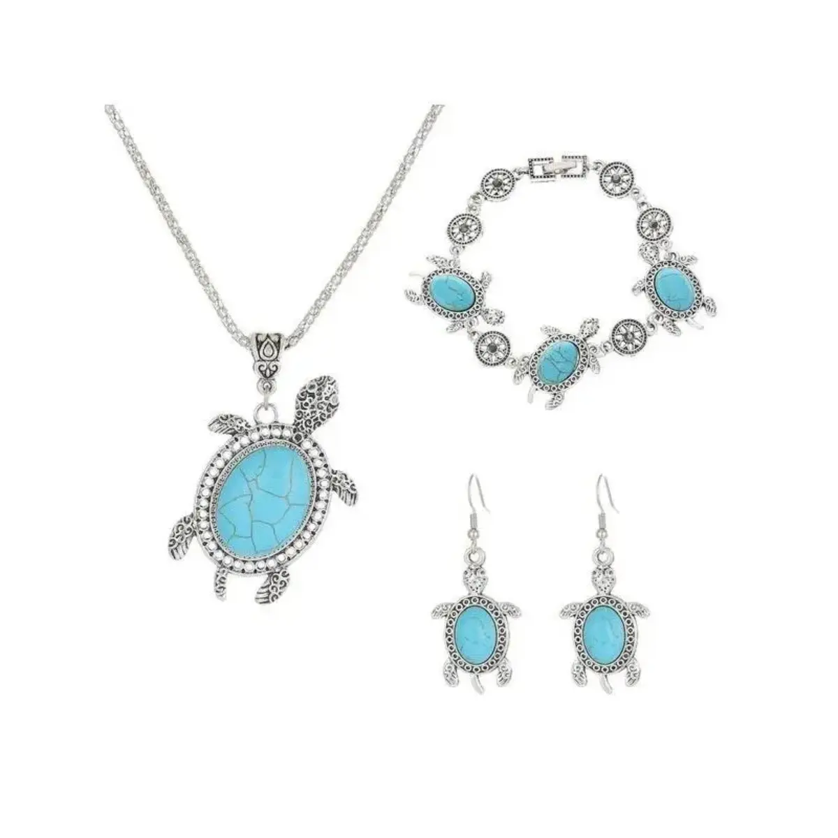 Women’s Boho Turtle Motif Trendy Jewelry Set - Turquoise Titanium Alloy Necklace, Bracelet, Dangle Earrings, Vintage-Inspired Festival Statement Casual Artisanal Bohemian Jewelry for Daily Wear, Gifting, Casual Jewelry Sets backtoschool