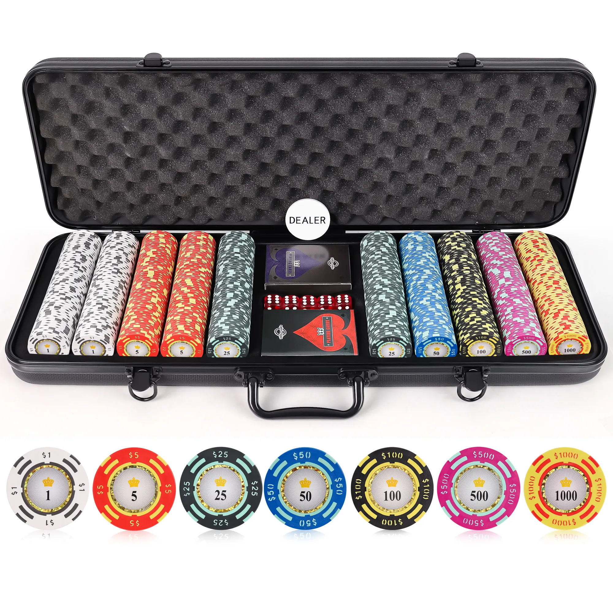 Poker Chips - Clay Poker Chips Set - 13.5g 500 Piece Crown Casino Poker Set with Numbers Denomination - New Design Poker Set Case by Versa Games