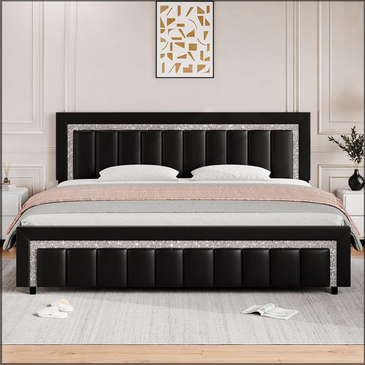 HOMBCK Bed Frame, No Mattress, Velvet Upholstered, Diamond Headboard, Vertical Channel Tufted Headboard, No Box Spring Needed, Easy Assembly